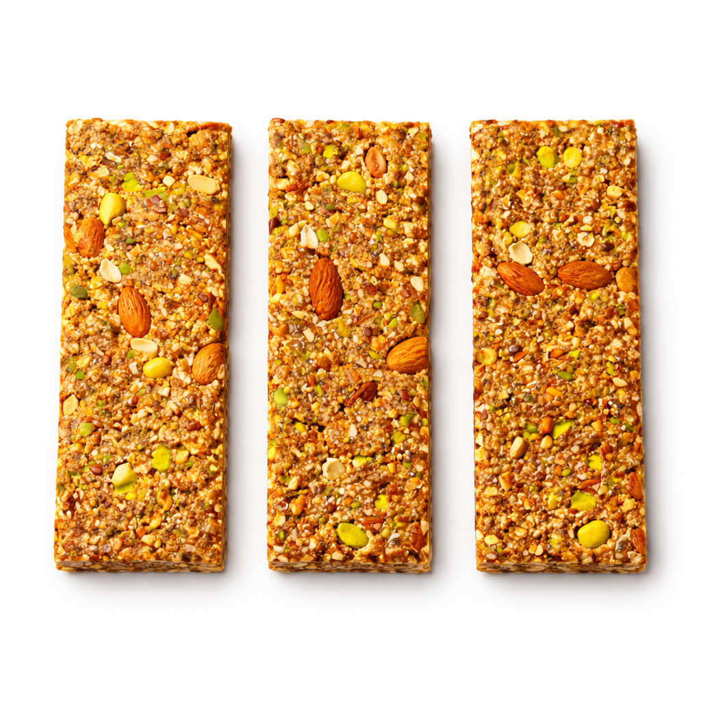 Nutricrunz handmade energy bars prepared with dates, almonds, pistachios, peanuts, oats and mixed seeds